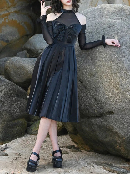 Virtual Orbit Black And White Audrey Halter Neck Leather Mini Dress