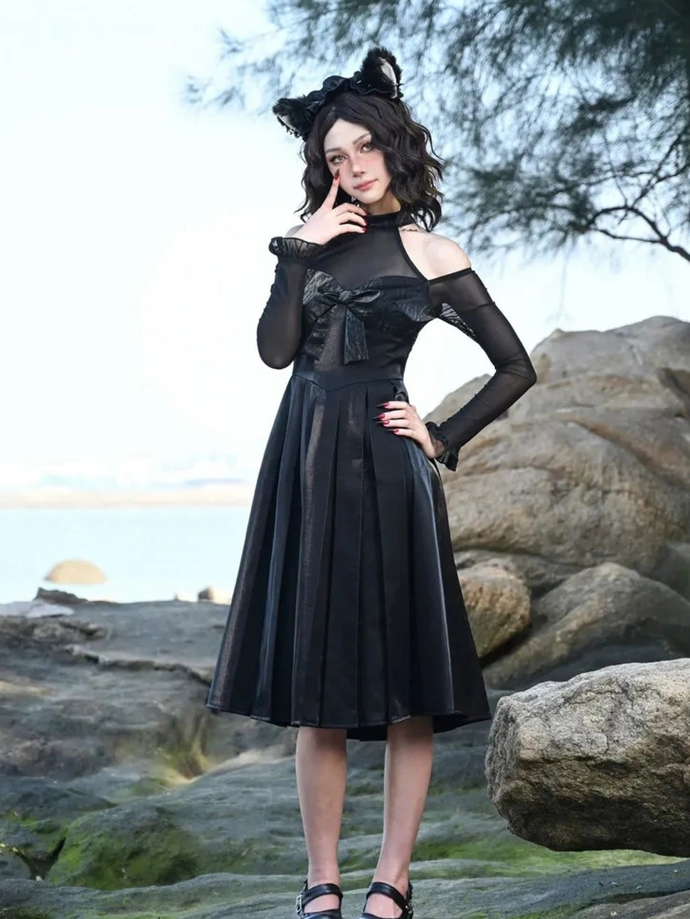 Virtual Orbit Black And White Audrey Halter Neck Leather Mini Dress