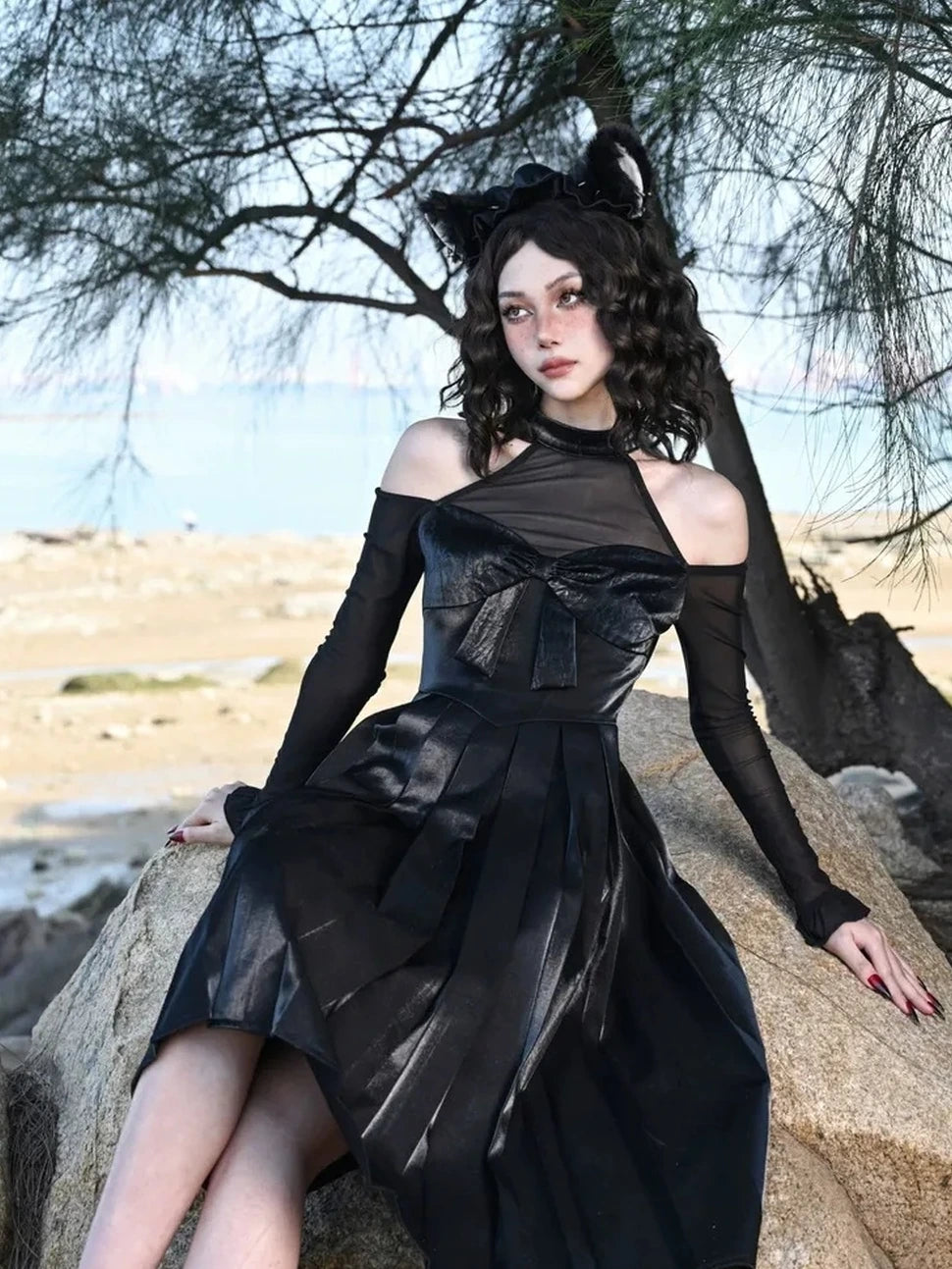 Virtual Orbit Black And White Audrey Halter Neck Leather Mini Dress