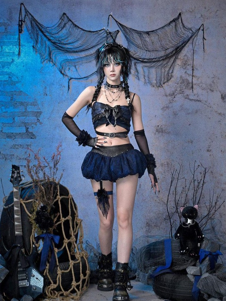 Virtual Orbit Black Blue Grunge Bow Ruffle Slim Fit Cropped Women&
