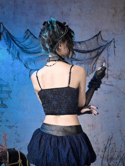 Virtual Orbit Black Blue Grunge Bow Ruffle Slim Fit Cropped Women&