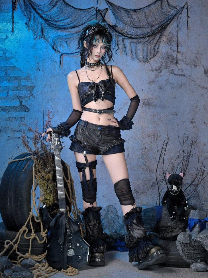 Virtual Orbit Black Blue Grunge Bow Ruffle Slim Fit Cropped Women&