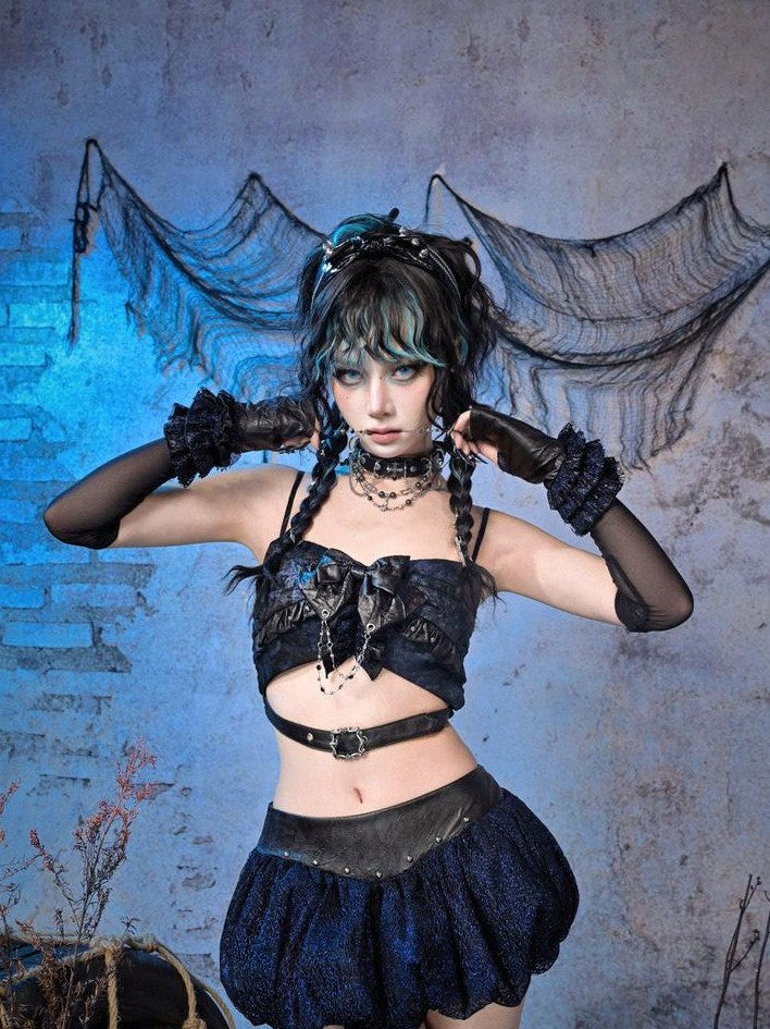 Virtual Orbit Black Blue Grunge Bow Ruffle Slim Fit Cropped Women&