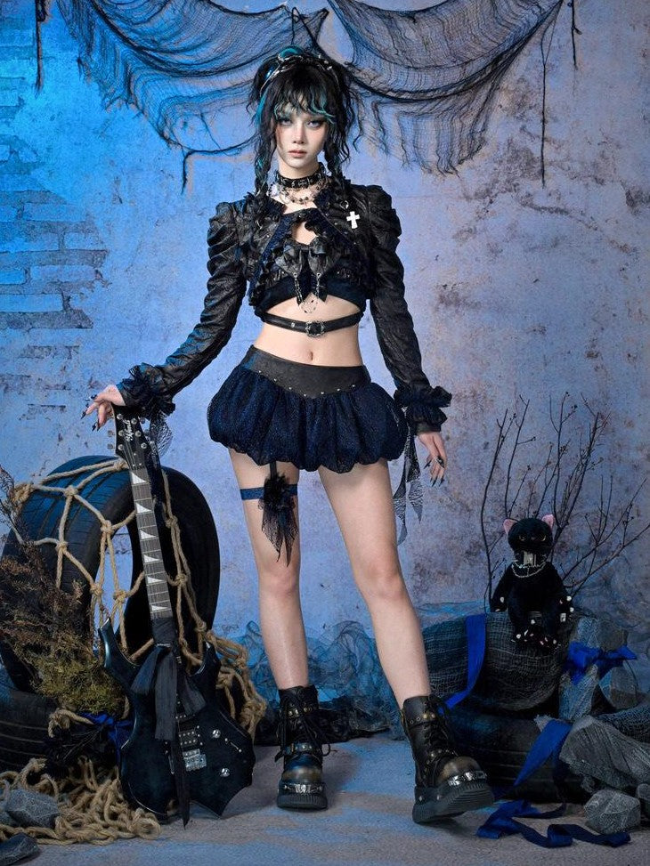 Virtual Orbit Black Blue Grunge Bow Ruffle Slim Fit Cropped Women&