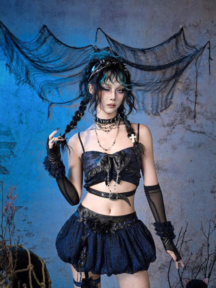 Virtual Orbit Black Blue Grunge Bow Ruffle Slim Fit Cropped Women&