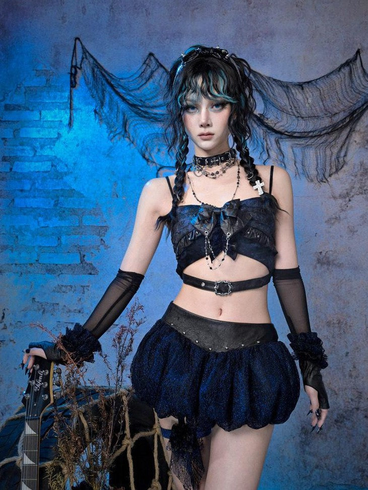 Virtual Orbit Black Blue Grunge Bow Ruffle Slim Fit Cropped Women&