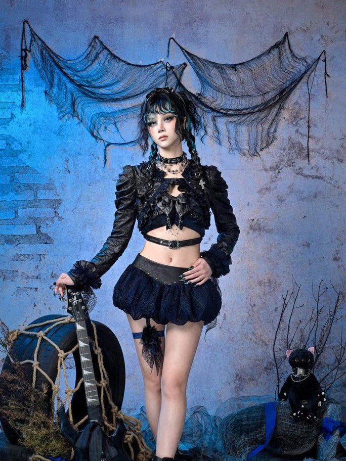 Virtual Orbit Black Blue Grunge Bow Ruffle Slim Fit Cropped Women&
