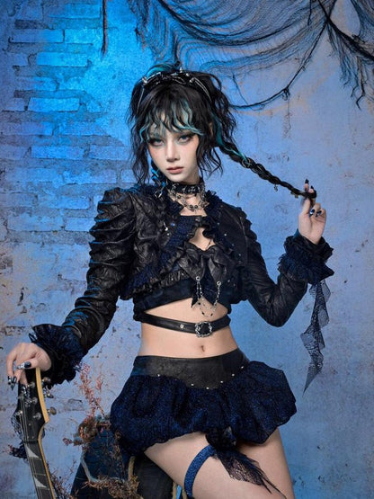 Virtual Orbit Black Blue Grunge Bow Ruffle Slim Fit Cropped Women&
