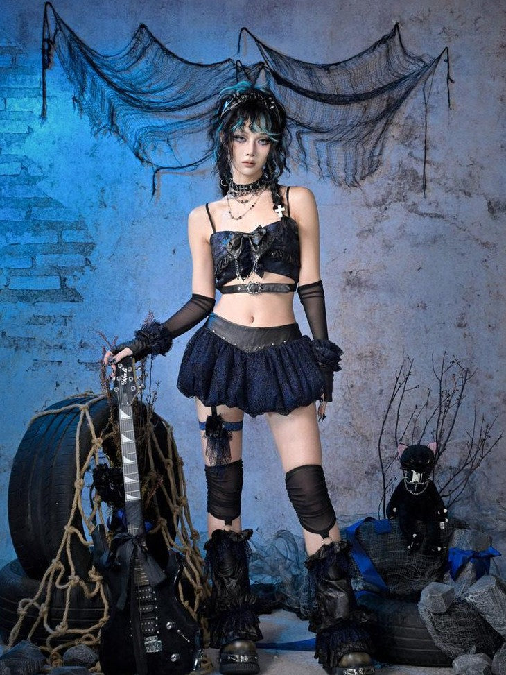 Virtual Orbit Black Blue Grunge Bow Ruffle Slim Fit Cropped Women&