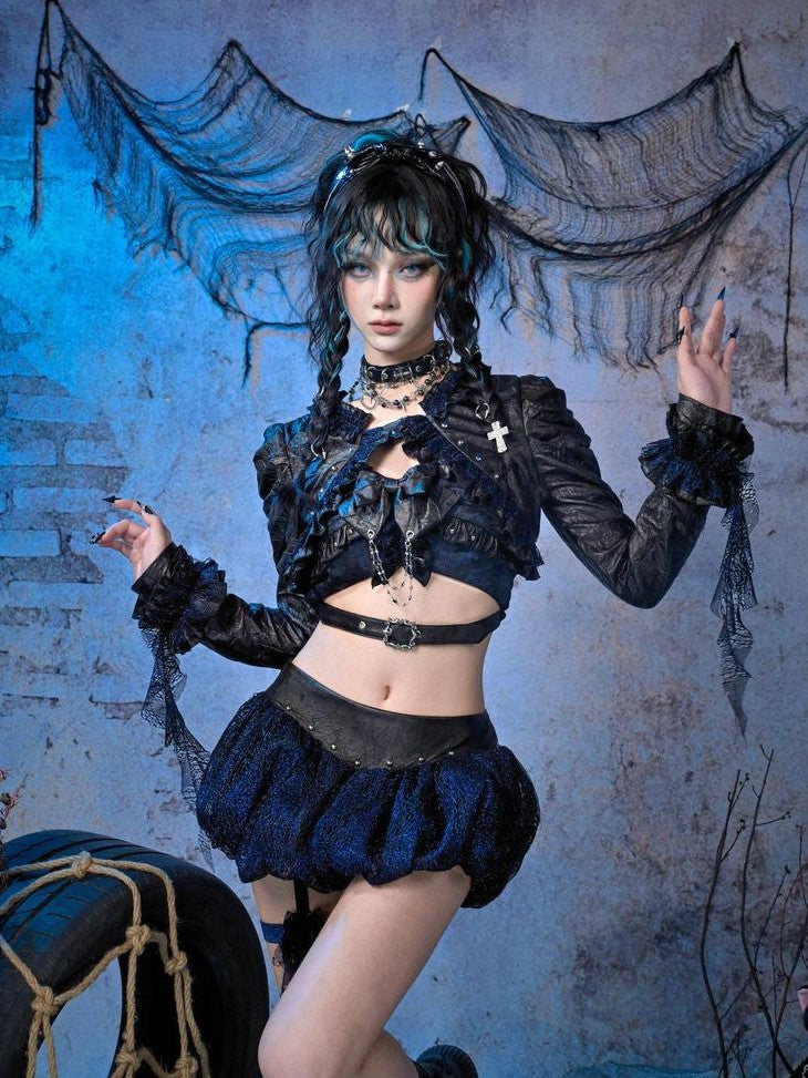 Virtual Orbit Black Blue Grunge Bow Ruffle Slim Fit Cropped Women&