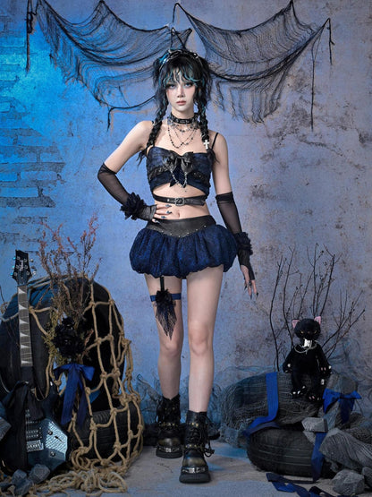 Virtual Orbit Black Blue Grunge Bow Ruffle Slim Fit Cropped Women&