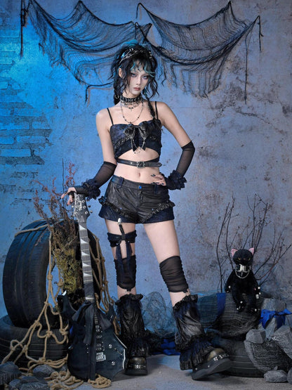 Virtual Orbit Black Blue Grunge Bow Ruffle Slim Fit Cropped Women&