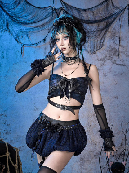 Virtual Orbit Black Blue Grunge Bow Ruffle Slim Fit Cropped Women&