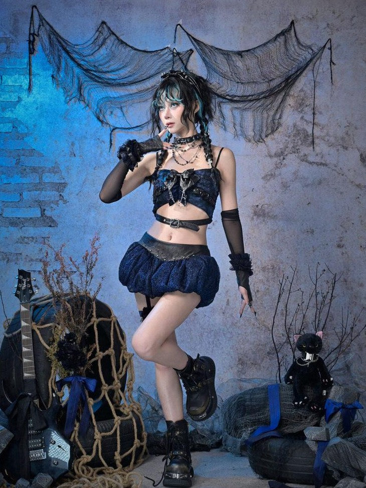 Virtual Orbit Black Blue Grunge Bow Ruffle Slim Fit Cropped Women&