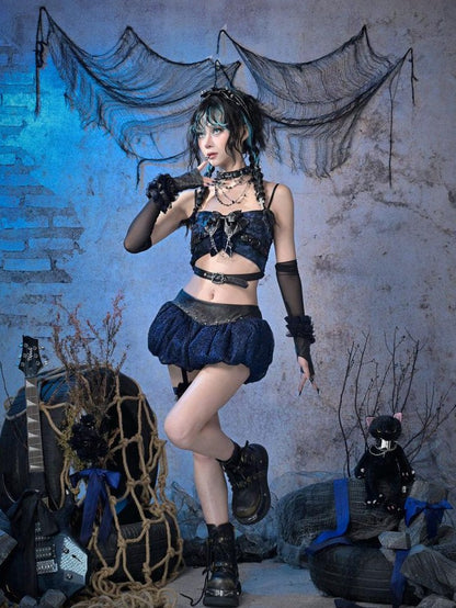 Virtual Orbit Black Blue Grunge Bow Ruffle Slim Fit Cropped Women&