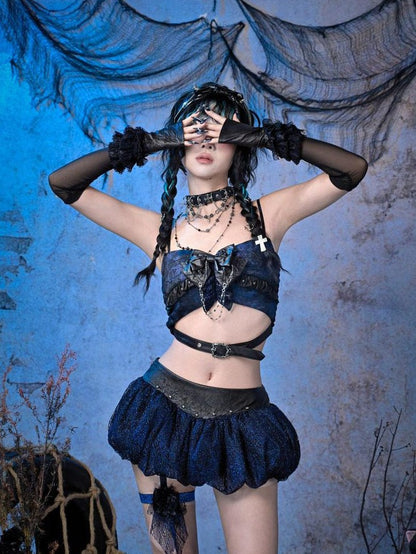 Virtual Orbit Black Blue Grunge Bow Ruffle Slim Fit Cropped Women&