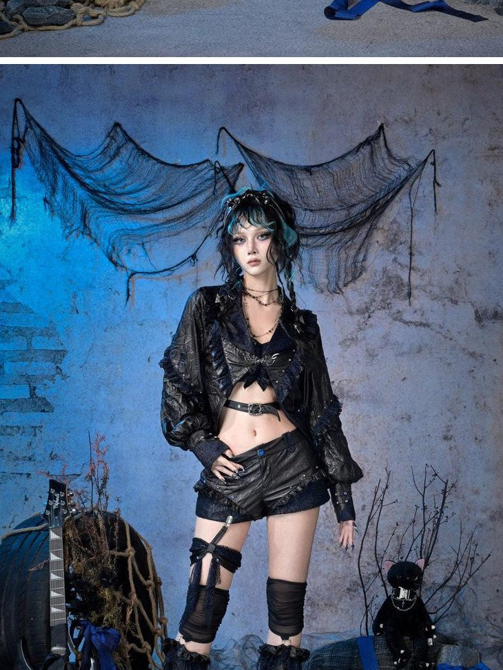 Virtual Orbit Black Blue Pleated Glitter Bow Pu Leather Punk Women&