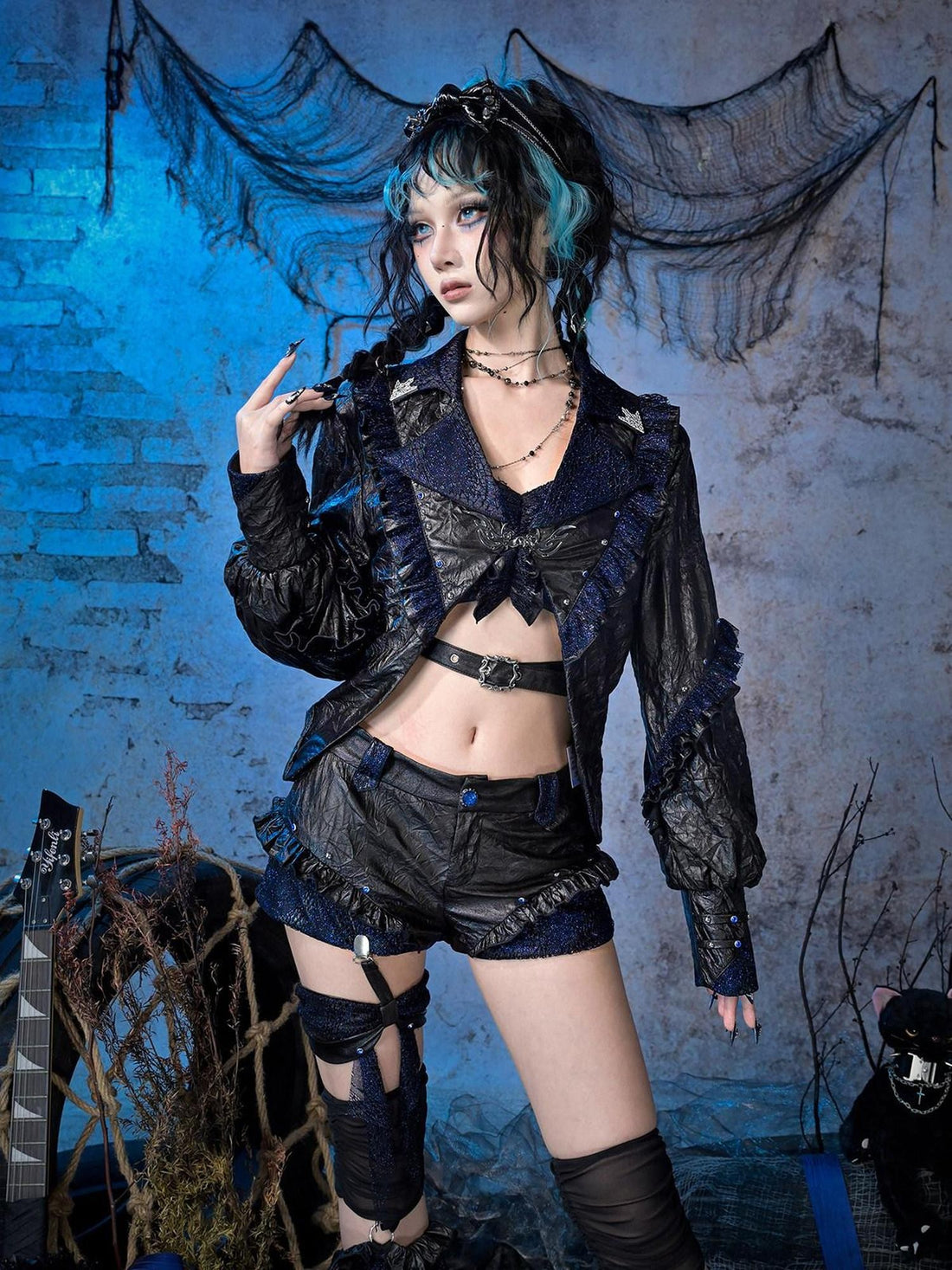 Virtual Orbit Black Blue Pleated Glitter Bow Pu Leather Punk Women&