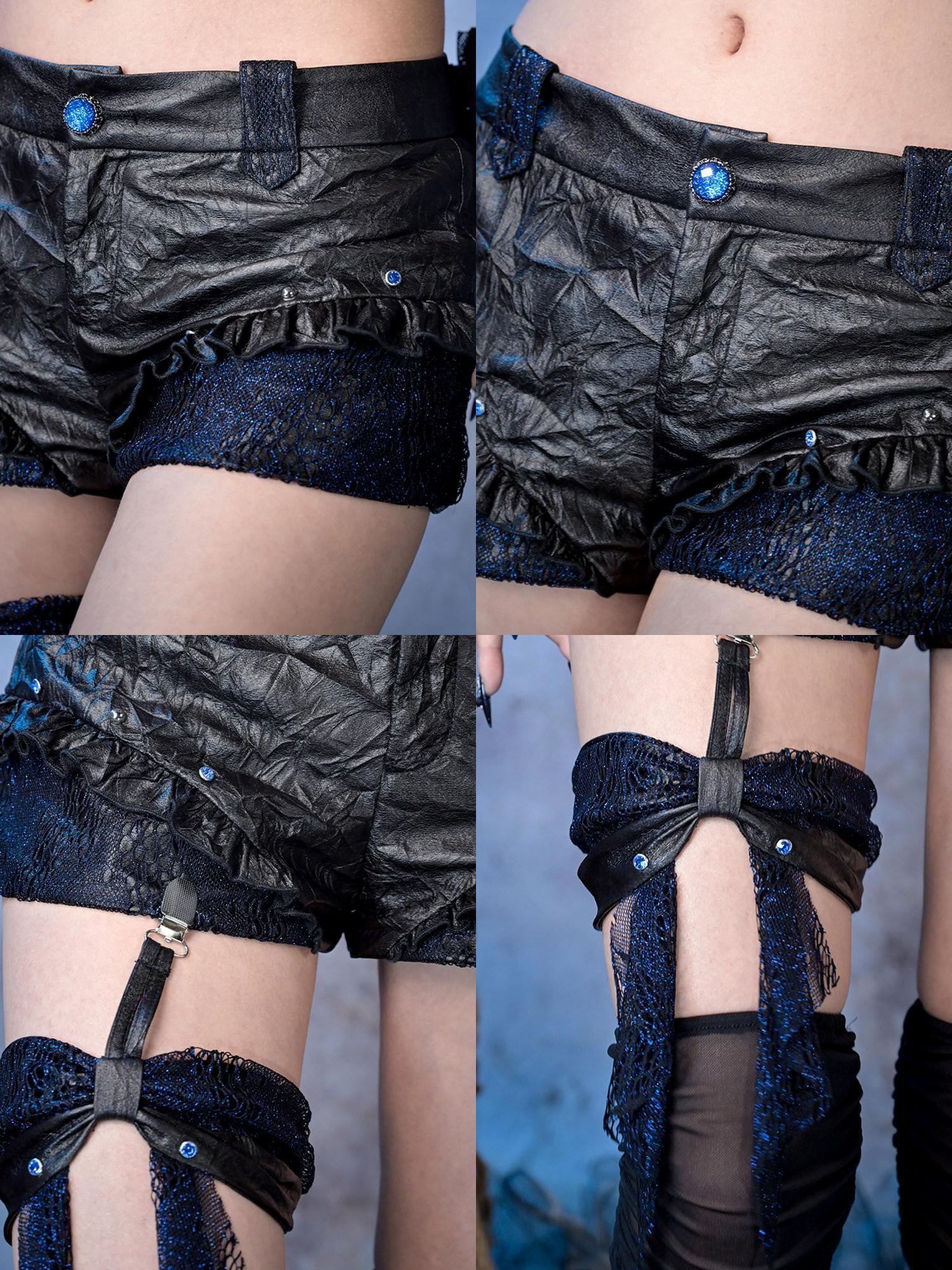 Virtual Orbit Black Blue Pleated Glitter Bow Pu Leather Punk Women&
