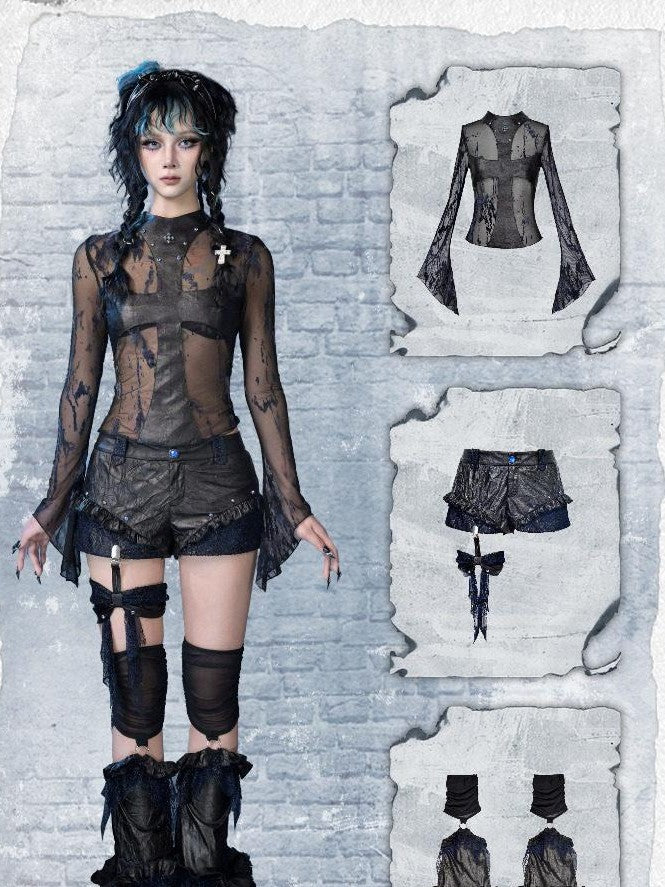 Virtual Orbit Black Blue Pleated Glitter Bow Pu Leather Punk Women&