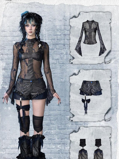 Virtual Orbit Black Blue Pleated Glitter Bow Pu Leather Punk Women&