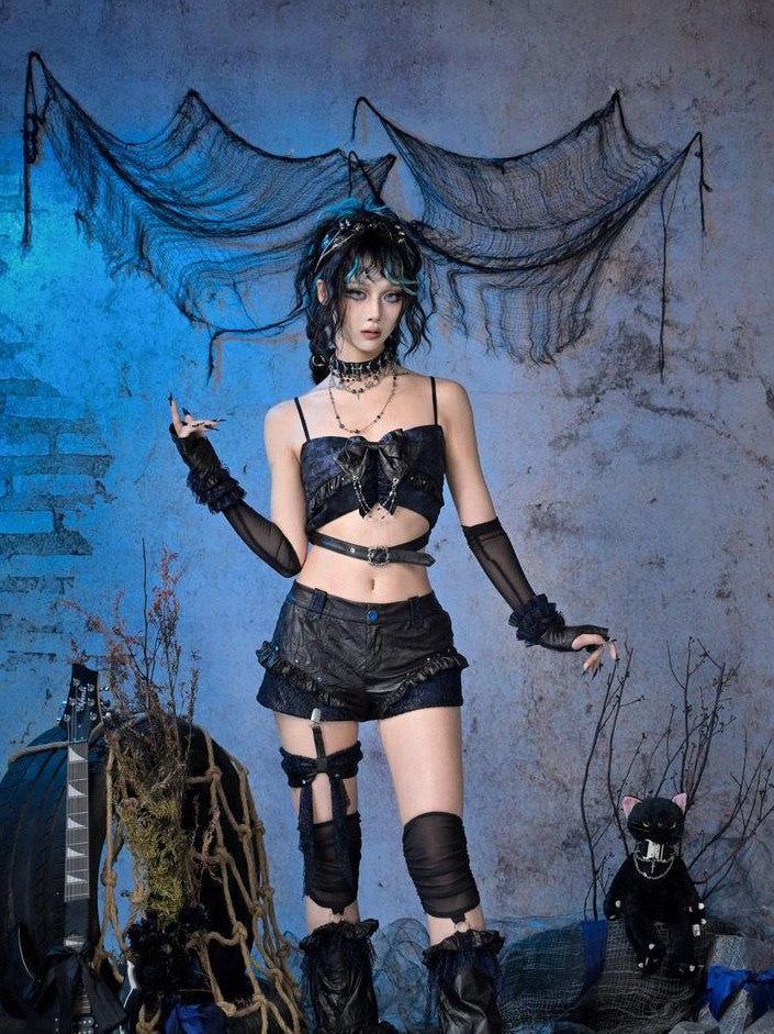 Virtual Orbit Black Blue Pleated Glitter Bow Pu Leather Punk Women&