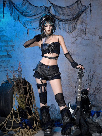 Virtual Orbit Black Blue Pleated Glitter Bow Pu Leather Punk Women&