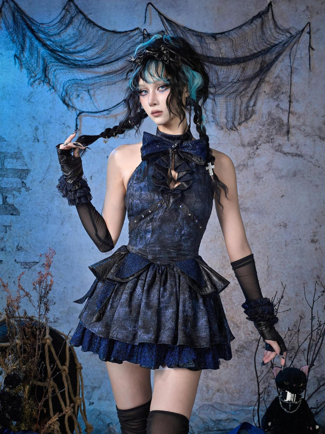 Virtual Orbit Black Blue Punk Lace Bow Sparkle Women&