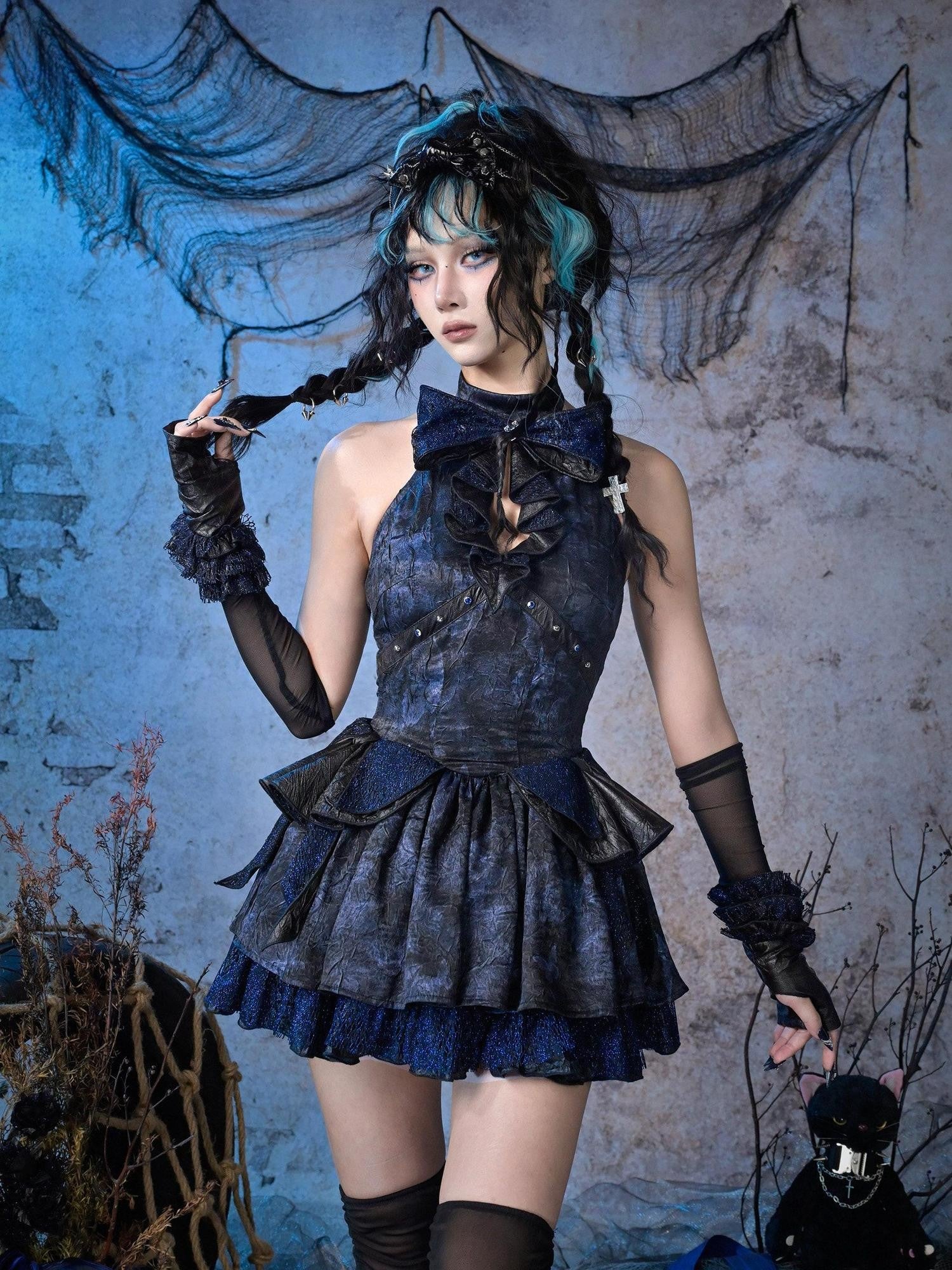 Virtual Orbit Black Blue Punk Lace Bow Sparkle Women&