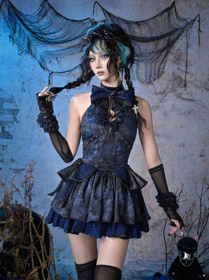 Virtual Orbit Black Blue Punk Lace Bow Sparkle Women&