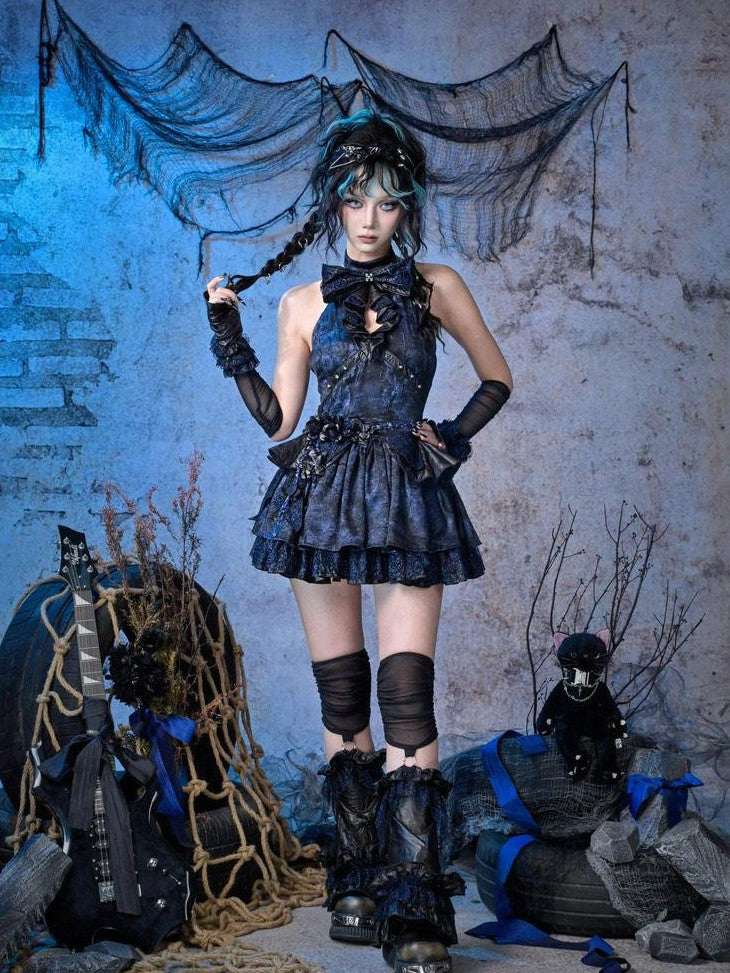 Virtual Orbit Black Blue Punk Lace Bow Sparkle Women&