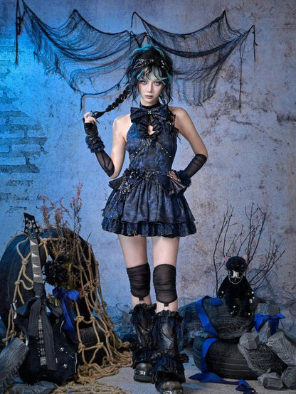 Virtual Orbit Black Blue Punk Lace Bow Sparkle Women&