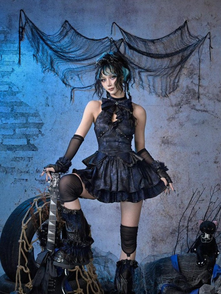 Virtual Orbit Black Blue Punk Lace Bow Sparkle Women&