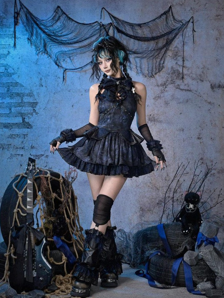 Virtual Orbit Black Blue Punk Lace Bow Sparkle Women&