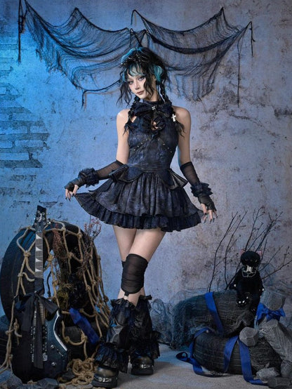 Virtual Orbit Black Blue Punk Lace Bow Sparkle Women&