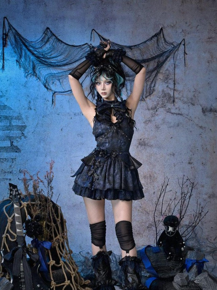 Virtual Orbit Black Blue Punk Lace Bow Sparkle Women&