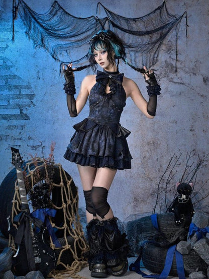 Virtual Orbit Black Blue Punk Lace Bow Sparkle Women&