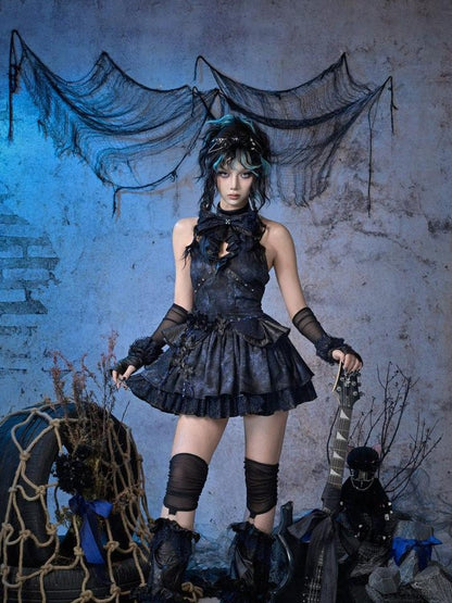 Virtual Orbit Black Blue Punk Lace Bow Sparkle Women&