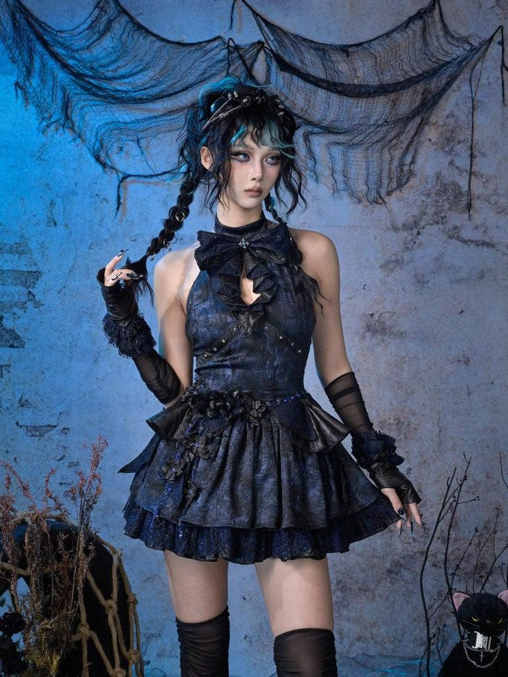 Virtual Orbit Black Blue Punk Lace Bow Sparkle Women&