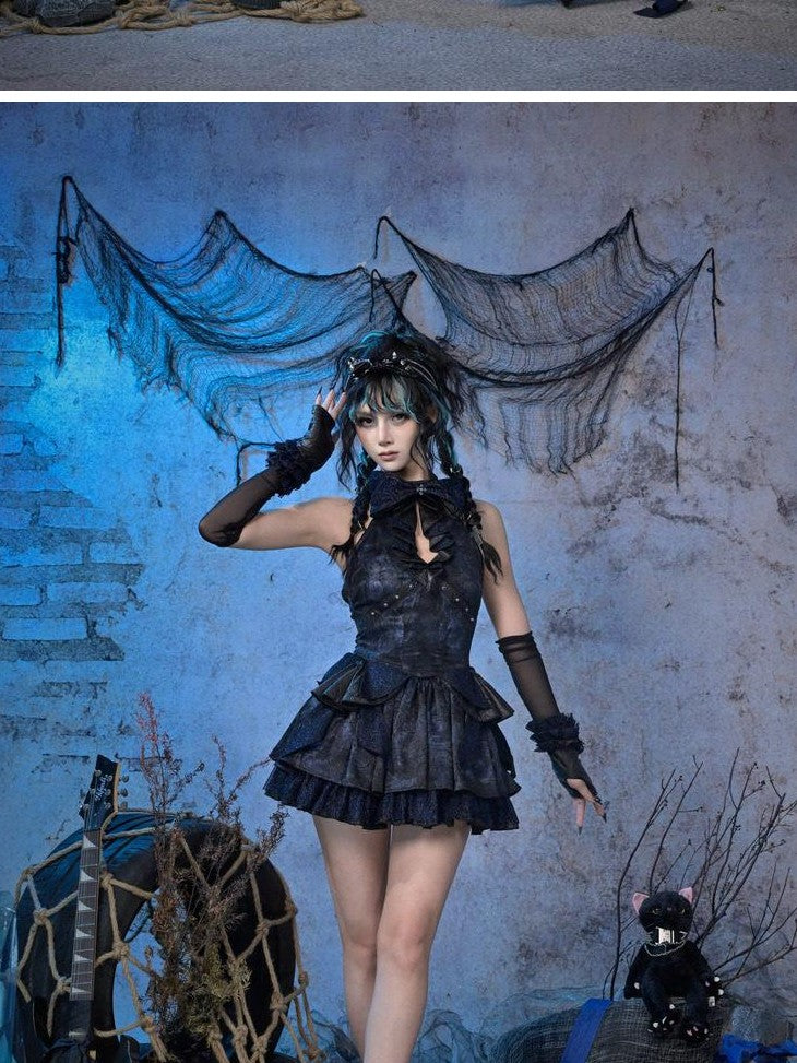 Virtual Orbit Black Blue Punk Lace Bow Sparkle Women&