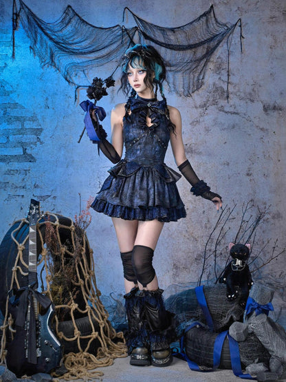 Virtual Orbit Black Blue Punk Lace Bow Sparkle Women&