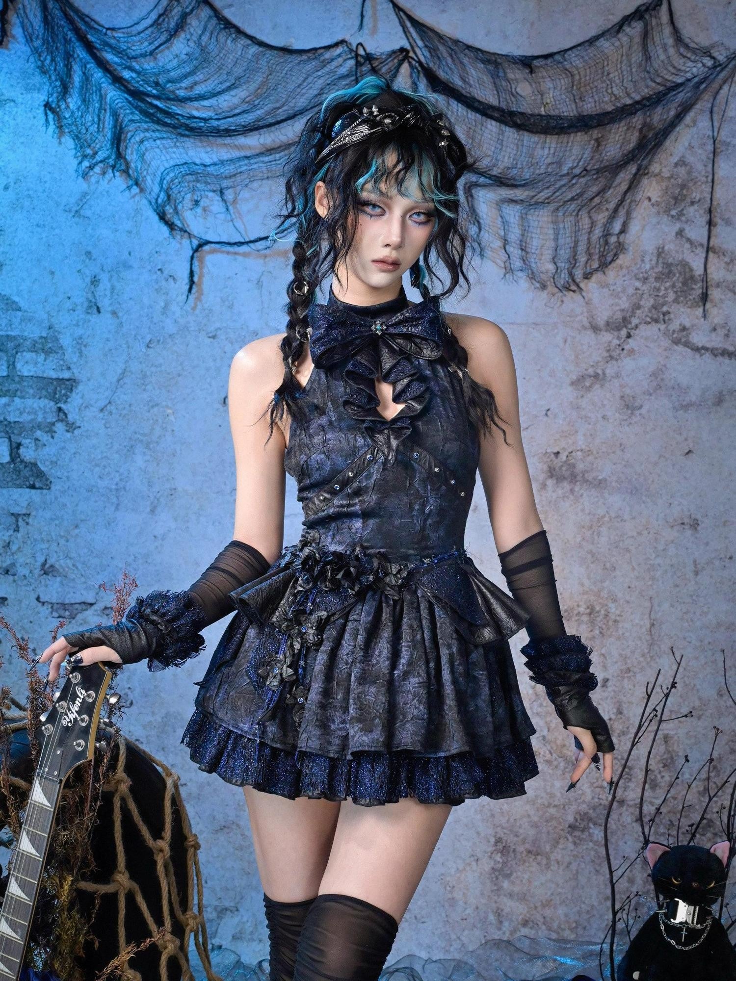 Virtual Orbit Black Blue Punk Lace Bow Sparkle Women&