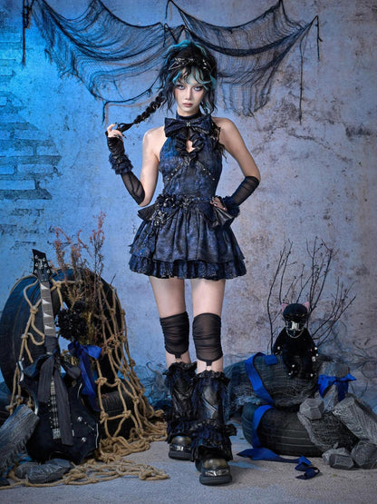 Virtual Orbit Black Blue Punk Lace Bow Sparkle Women&
