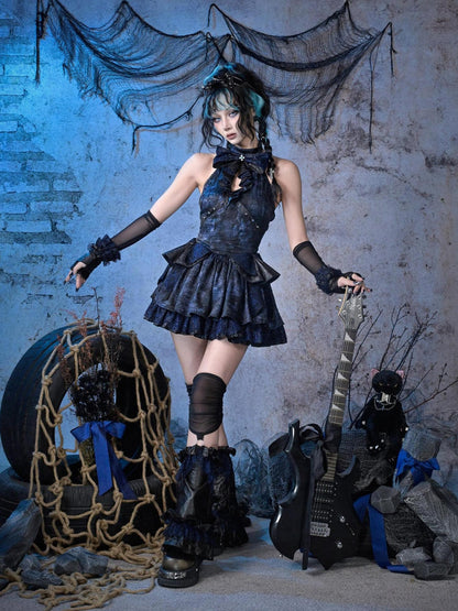 Virtual Orbit Black Blue Punk Lace Bow Sparkle Women&
