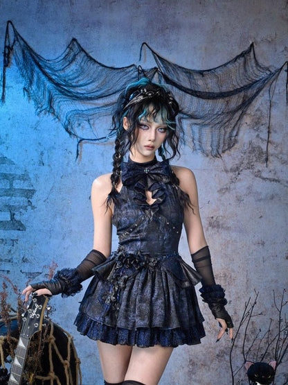 Virtual Orbit Black Blue Punk Lace Bow Sparkle Women&