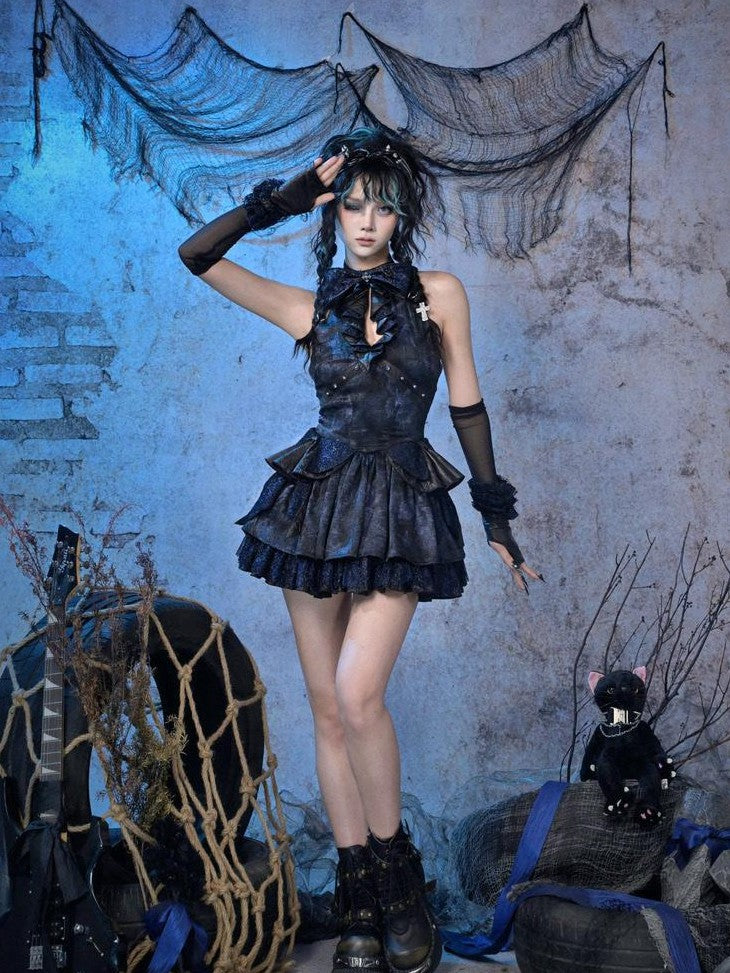 Virtual Orbit Black Blue Punk Lace Bow Sparkle Women&
