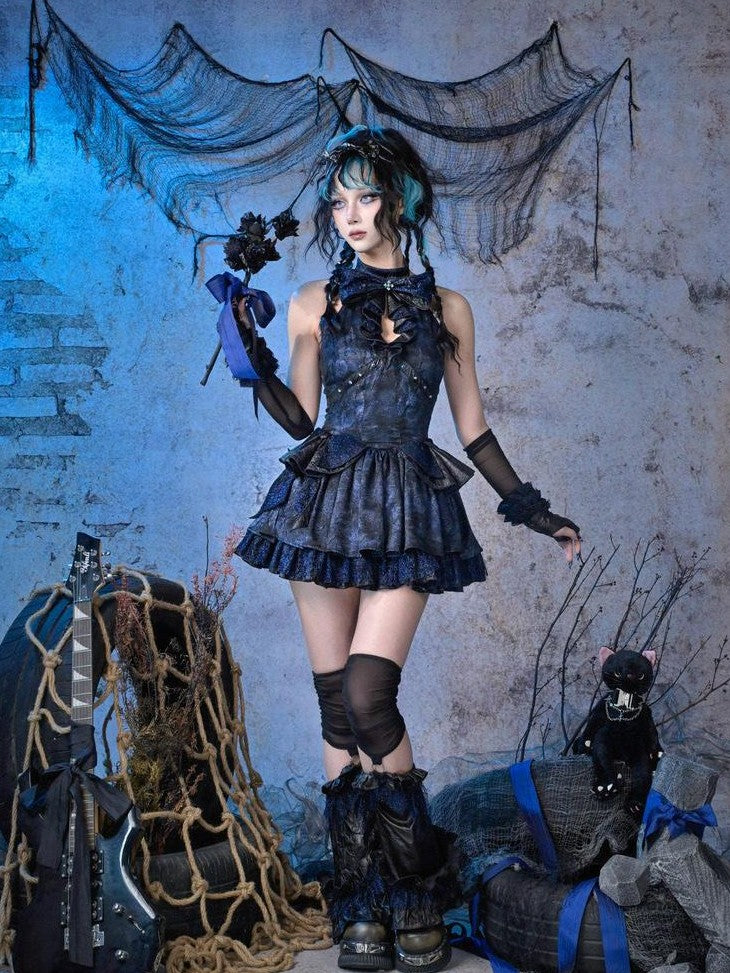 Virtual Orbit Black Blue Punk Lace Bow Sparkle Women&