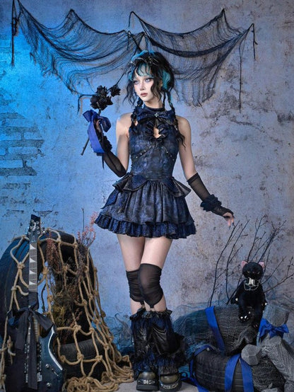 Virtual Orbit Black Blue Punk Lace Bow Sparkle Women&