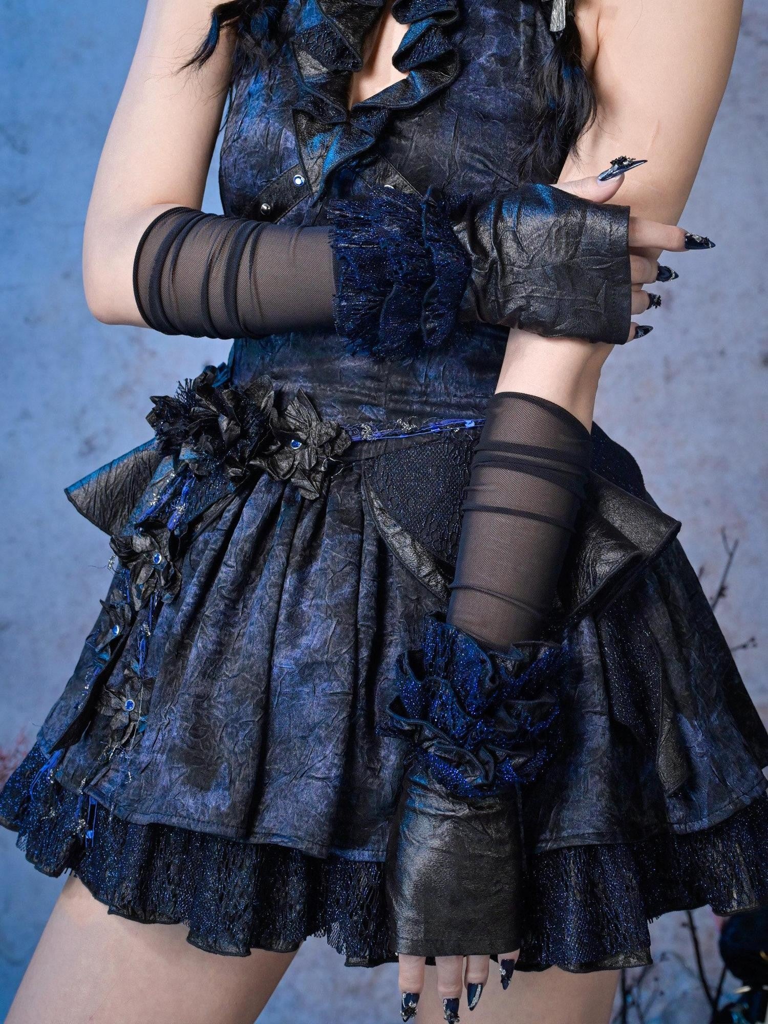 Virtual Orbit Black Blue Punk Ruffle Glitter Lace Mesh Women&