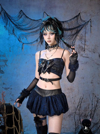 Virtual Orbit Black Blue Punk Ruffle Glitter Lace Mesh Women&